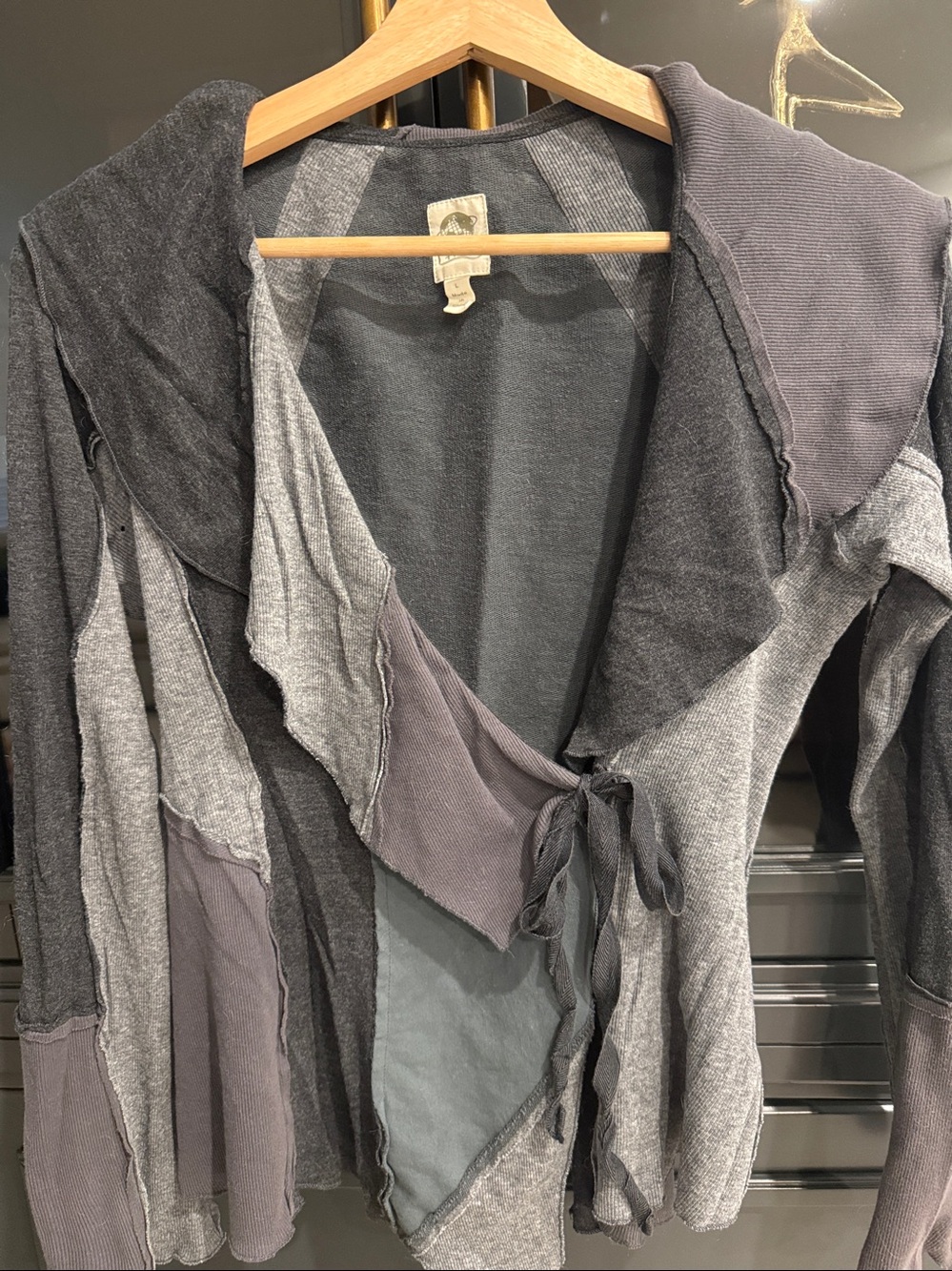 Anthropologie TINY Brand Boho Patchwork Tie-Front Sweater Jacket - Gray Multi - Picture 2 of 9
